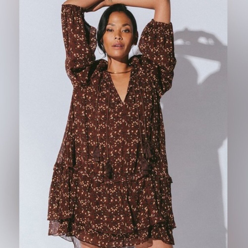 New”Cleobella Jaslynn Zaida Mini Viscose Dress-MEDIUM-brown, black,beige,floral